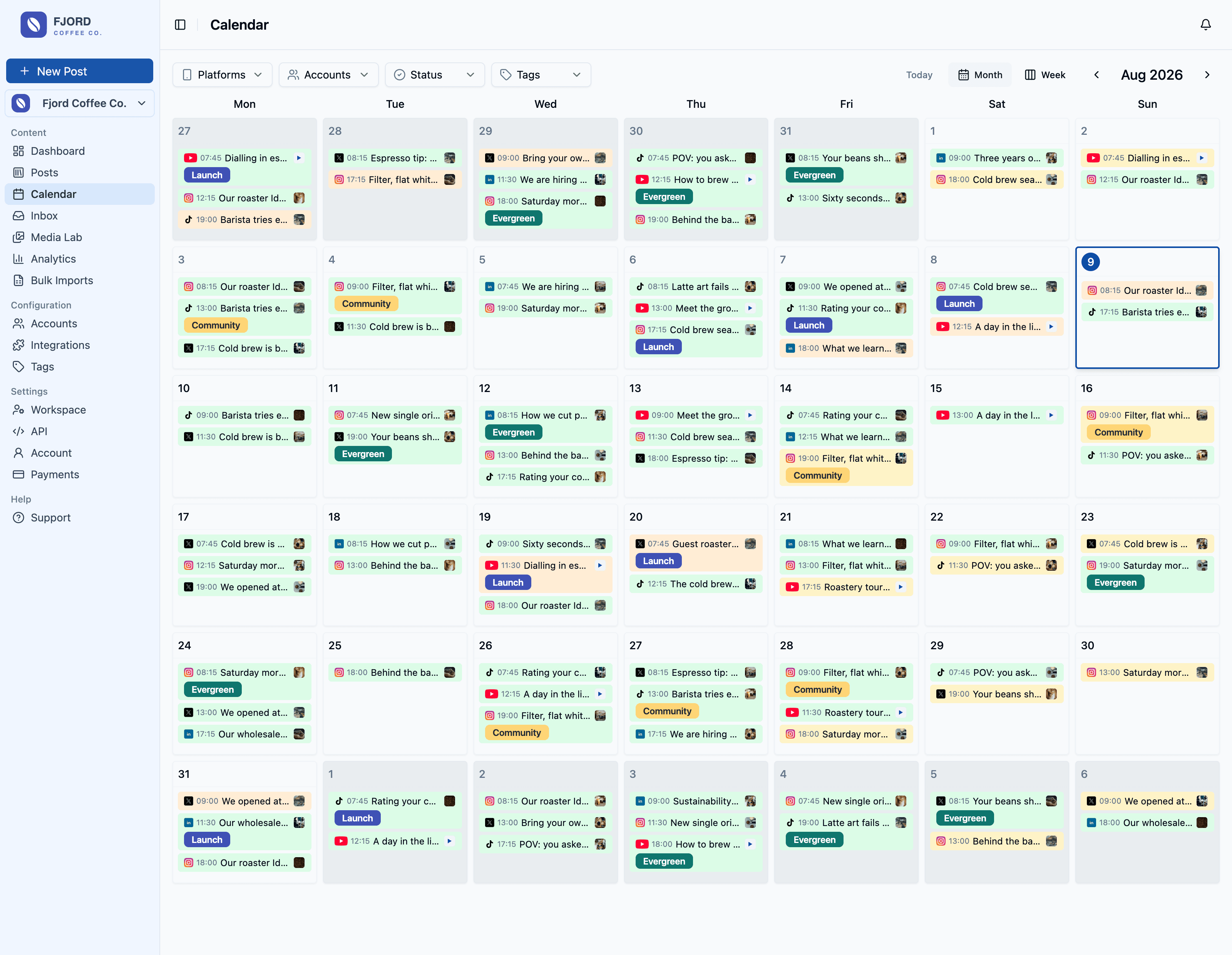 PostFast calendar in month view for August 2026, showing a full month of scheduled posts. Each entry carries a platform icon, a publish time and a truncated caption, several are grouped under coloured tags such as Launch, Evergreen and Community, and the toolbar above offers Platforms, Accounts, Status and Tags filters plus a Month and Week toggle.