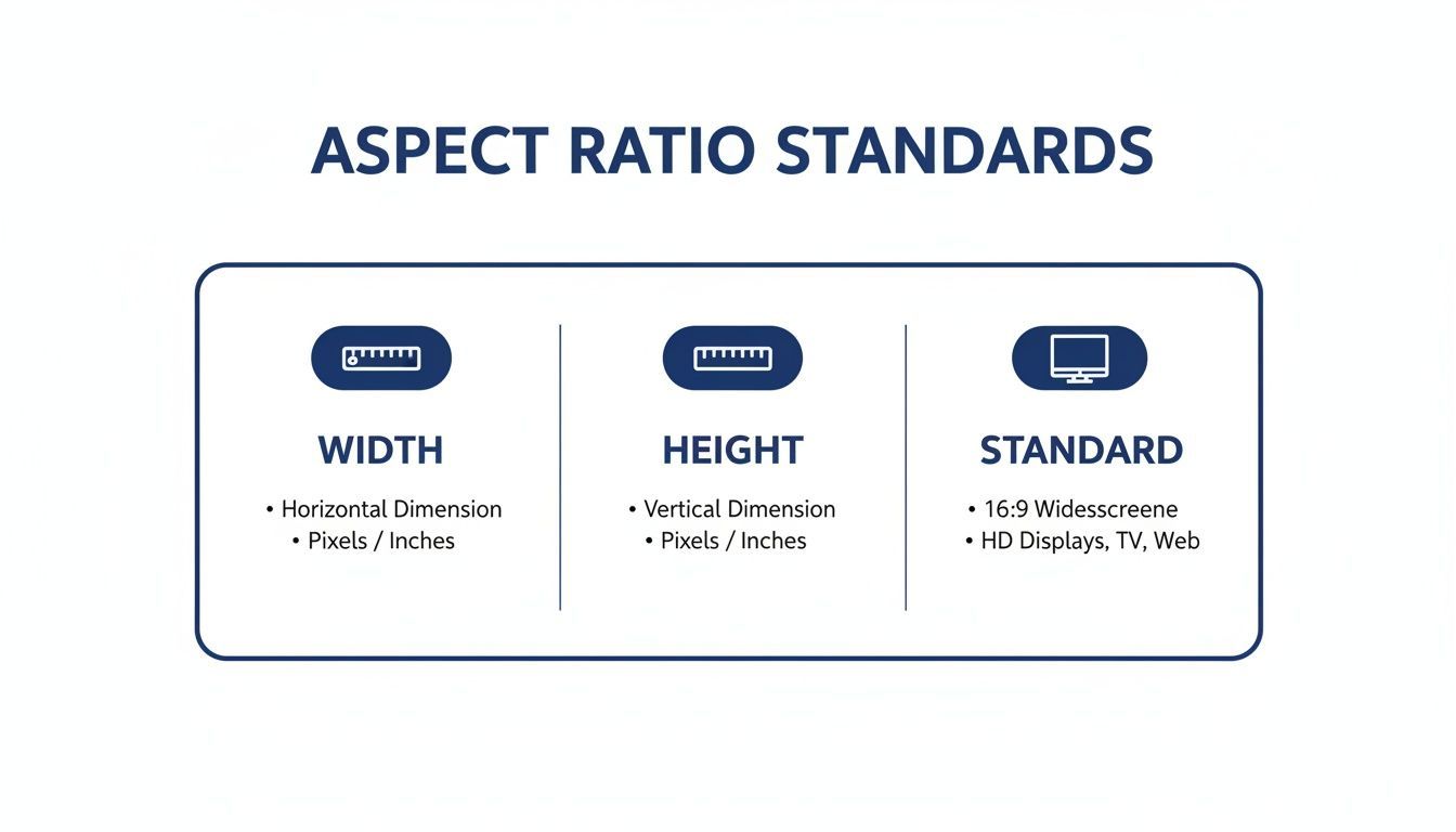 Infographic explaining aspect ratio standards: width, height, and 16:9 widescreen for displays.