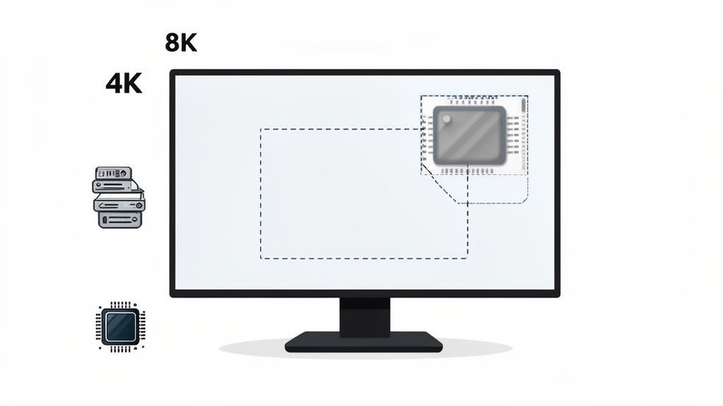 A diagram illustrates a monitor screen with dashed outlines for 4K and 8K resolutions, featuring a processor chip.