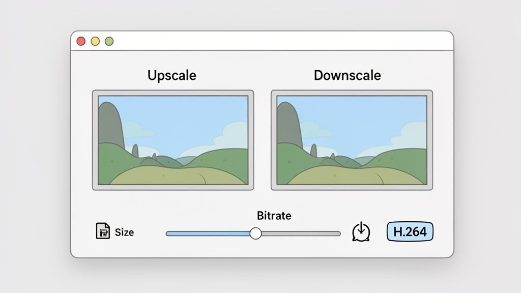 A user interface window showing options to upscale or downscale media, with a bitrate slider and H.264 encoder.
