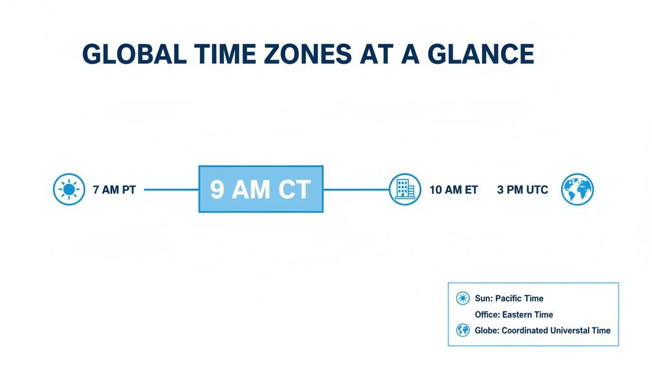 Global time zones at a glance showing 9 AM CT, 7 AM PT, 10 AM ET, and 3 PM UTC.