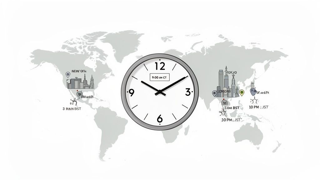 A world map with a central clock showing 9:00 AM CT, alongside global time zones for cities.