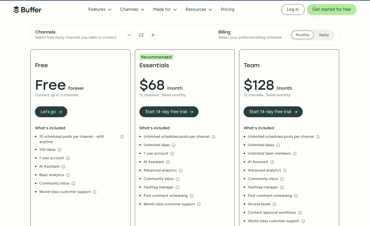 Buffer pricing page showing per-channel pricing at 11 channels