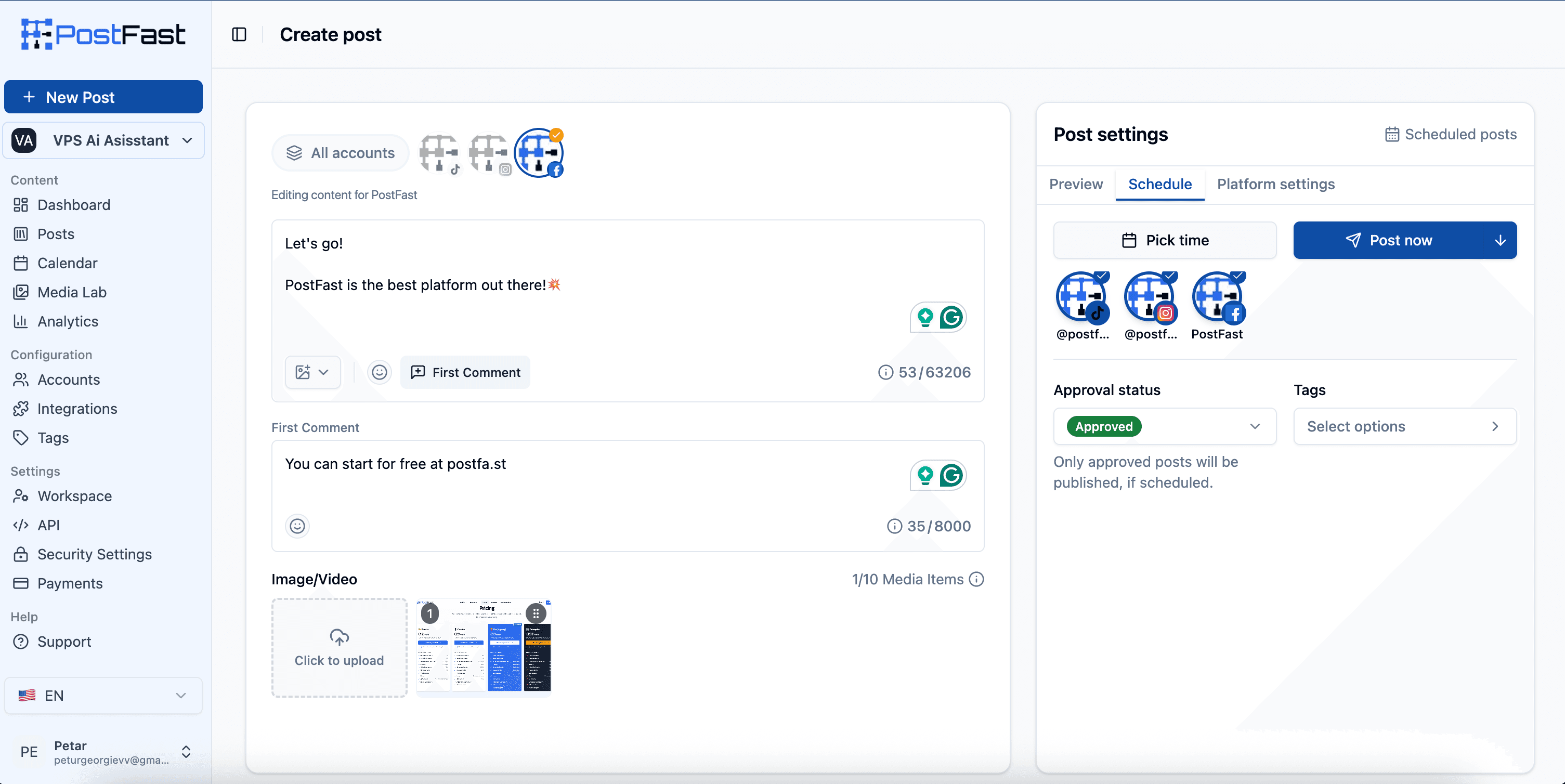 PostFast post composer with Facebook, Instagram, and TikTok selected, showing custom content and first comment