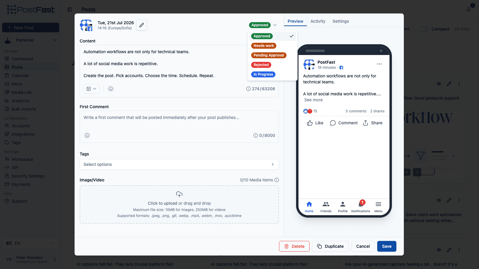 A PostFast post open for review with the approval status dropdown expanded, listing Approved (ticked), Needs work, Pending Approval, Rejected and In Progress. A live Facebook preview of the same post renders in a phone frame beside it.