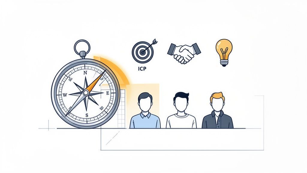 Illustration with a compass, target, handshake, lightbulb, and three business figures representing strategy and teamwork.