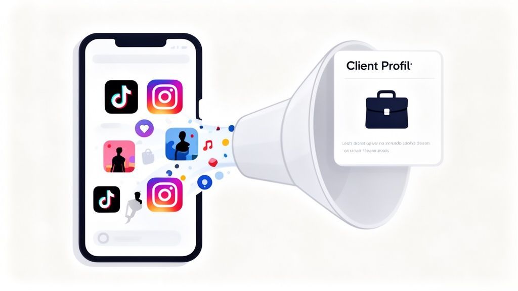 Smartphone displaying social media apps, funneling data into a megaphone for client profiling.