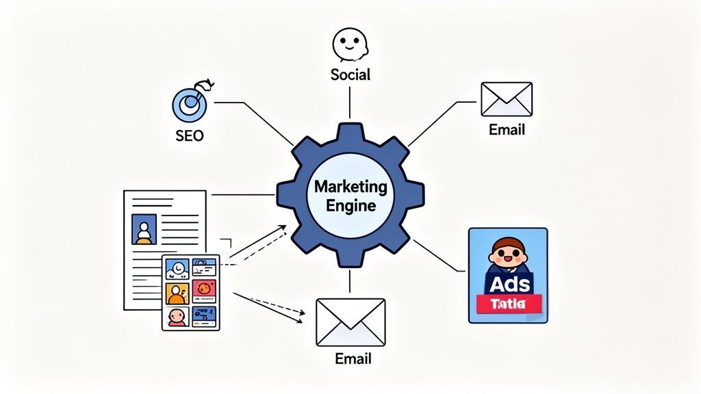 A diagram illustrating a digital marketing engine connecting SEO, social, email, ads, and customer data.