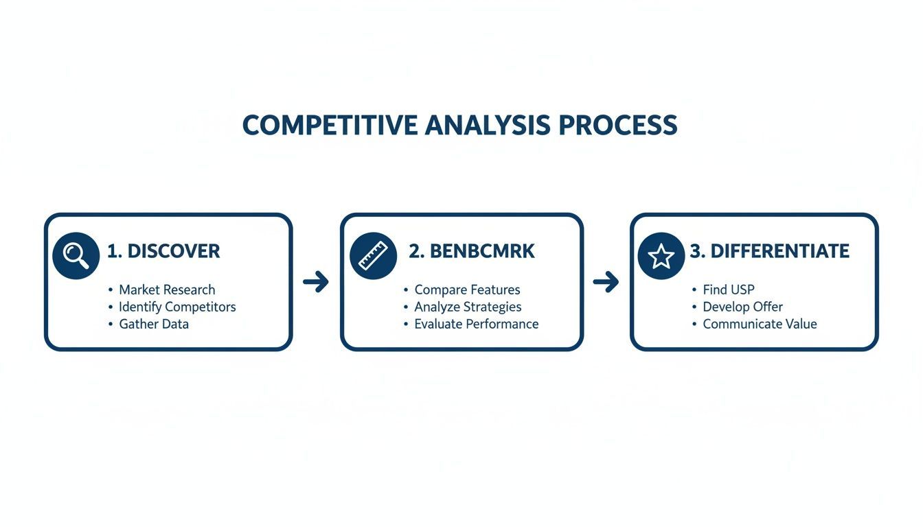 A three-step competitive analysis process: Discover, Benchmark, and Differentiate with key actions.