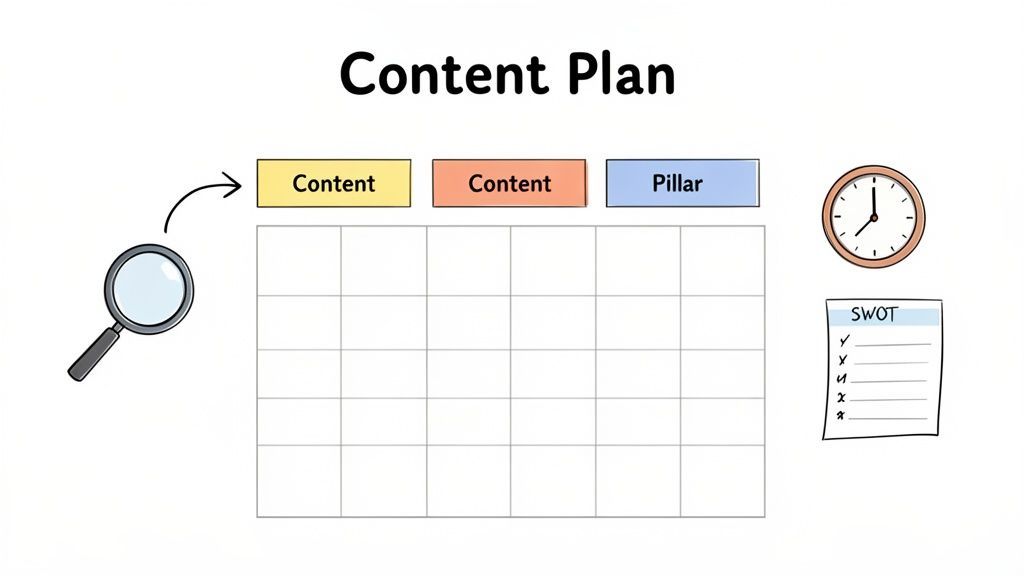 A visual content plan template with a grid, headings for content and pillar, a magnifying glass, clock, and SWOT list.