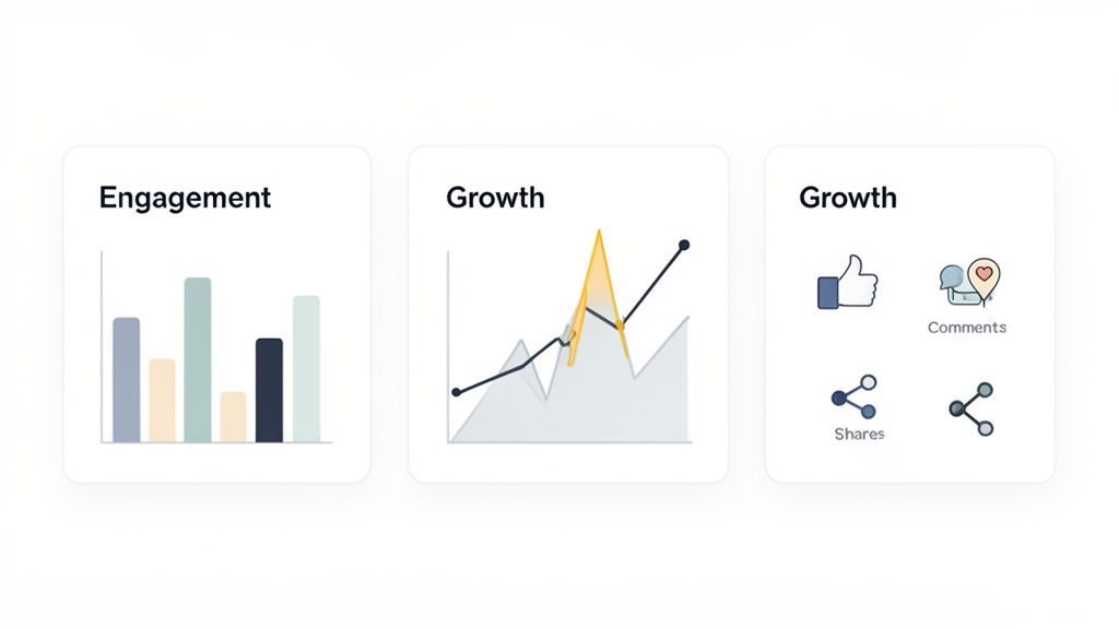 Three white cards displaying data analytics: a bar chart for engagement, a line graph for growth, and social media metrics.