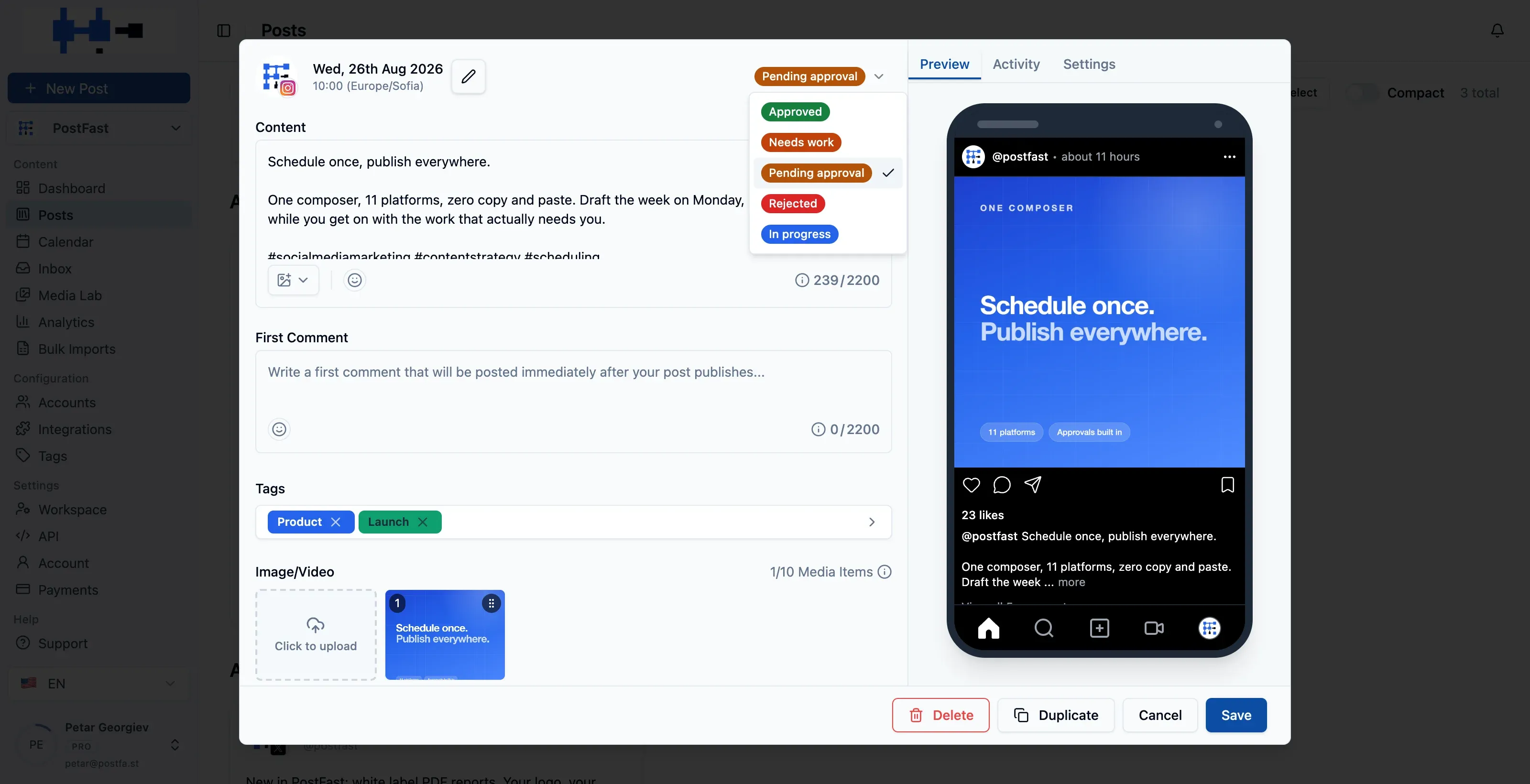 A scheduled post in PostFast with the approval status menu open: Approved, Needs work, Pending approval (ticked), Rejected and In progress. The editor shows the caption with a character count, a first comment field and tags, and a live Instagram preview renders in a phone frame beside it.