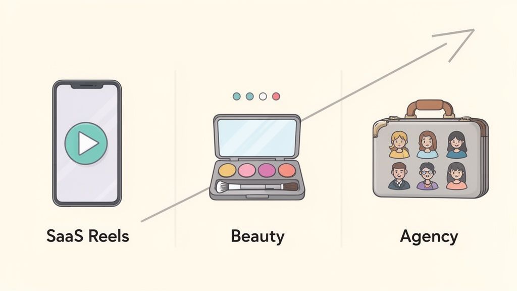 A graphic showing SaaS Reels (phone), Beauty (makeup palette), and Agency (briefcase with people) linked by an upward arrow.