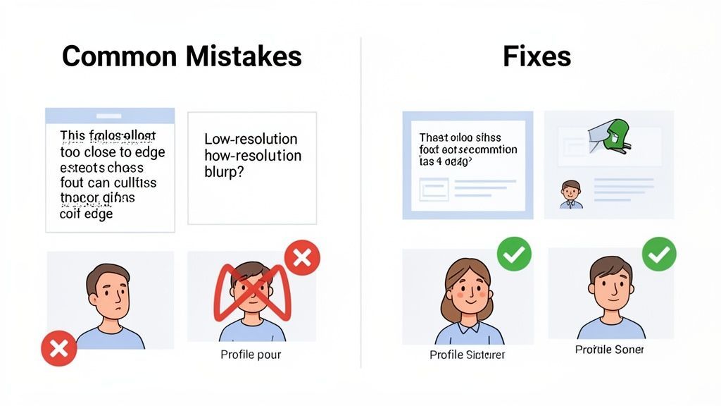 A comparison of common mistakes and fixes for social media content and profile pictures, showing good and bad examples.