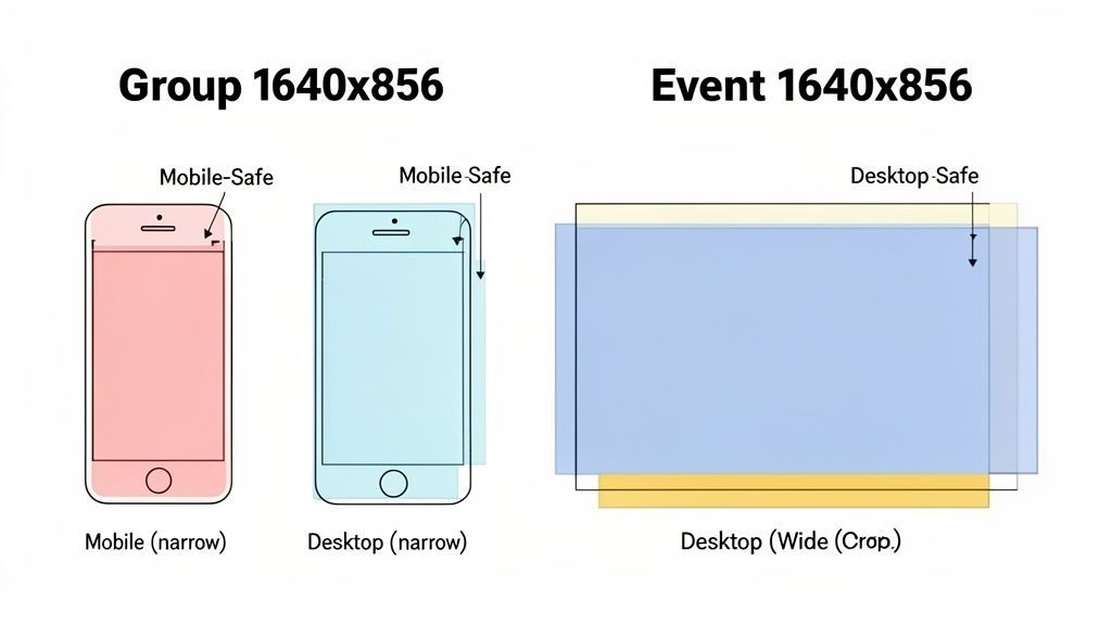 Diagram showing safe zones for group and event banners (1640x856) on mobile and desktop displays.