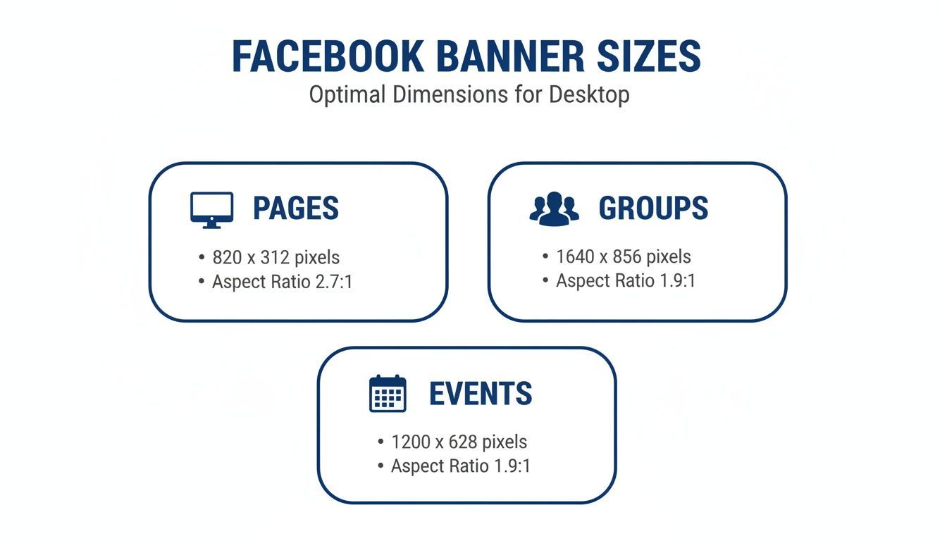 An infographic displaying optimal Facebook banner sizes and aspect ratios for pages, groups, and events on desktop.