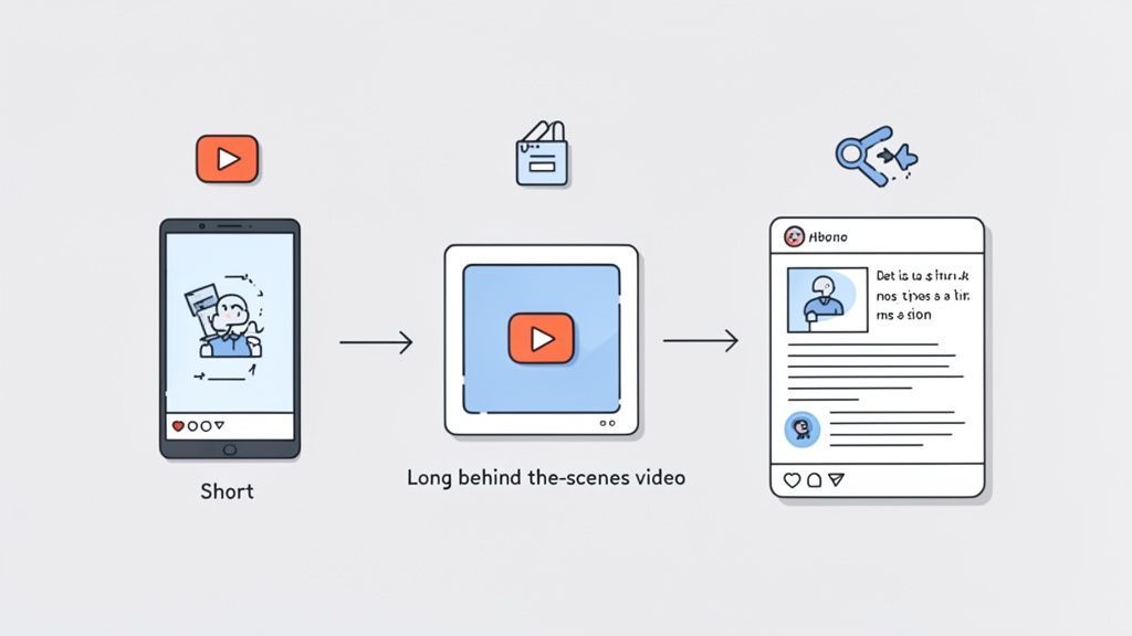 A diagram illustrating the content creation workflow: short video transforming into a long behind-the-scenes video, then into a blog post.