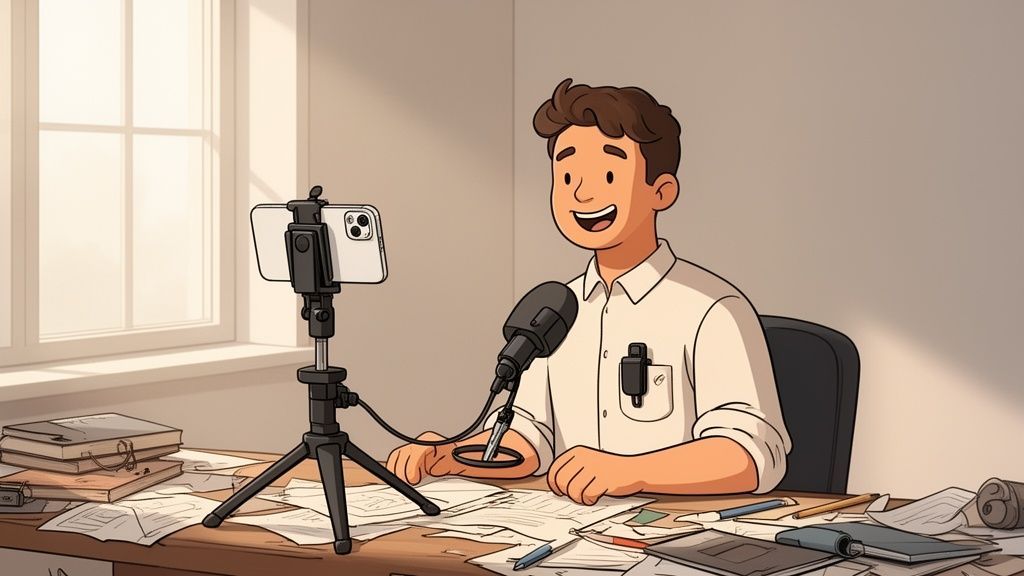Cartoon man recording a podcast or video at a cluttered desk with a phone and microphone.