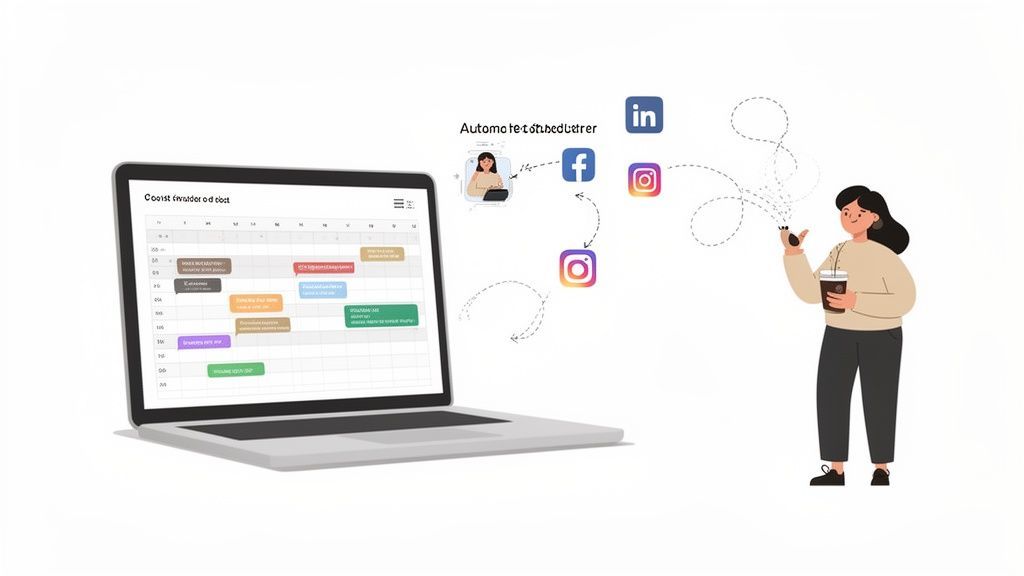 Woman uses a laptop to manage and automate social media content scheduling across platforms.