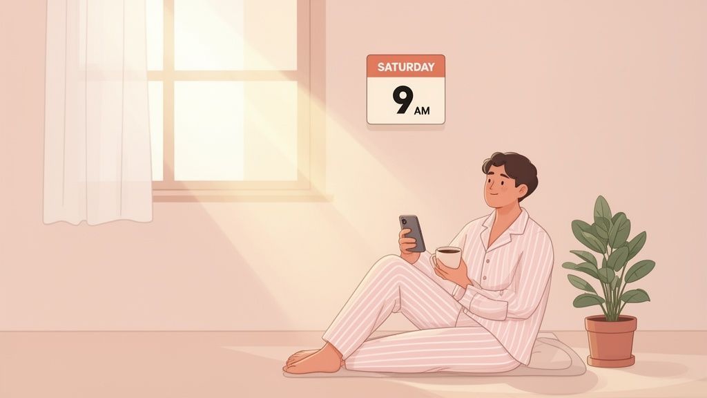 A person in pajamas relaxing on a Saturday morning with coffee and phone by a sunny window.