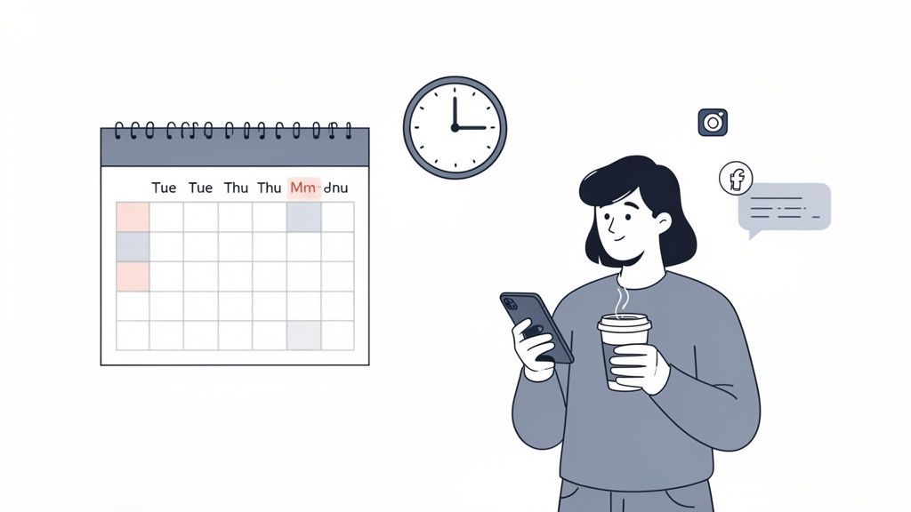 An illustration of a person scheduling social media posts with a calendar, clock, and phone.