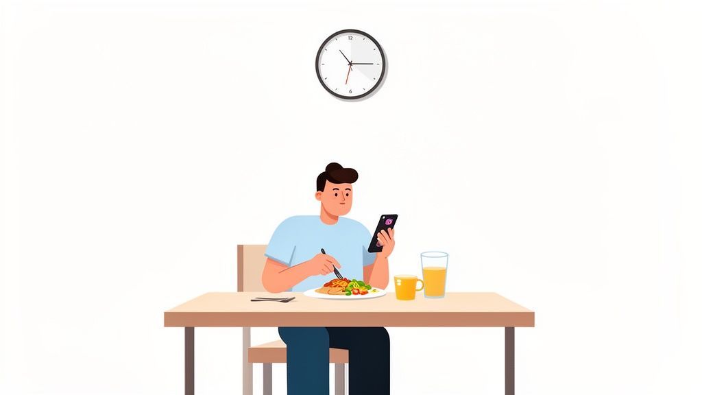An illustrated man eats at a table while looking at his phone, with a clock showing 10:15.