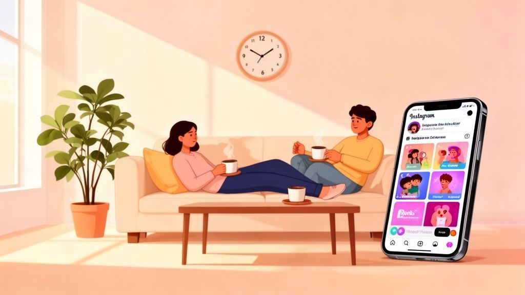 Two people relaxing on a couch, enjoying coffee, with a smartphone displaying an Instagram-like app.