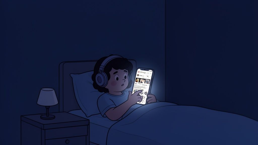 A person in bed at night, wearing headphones and scrolling on a bright phone screen.