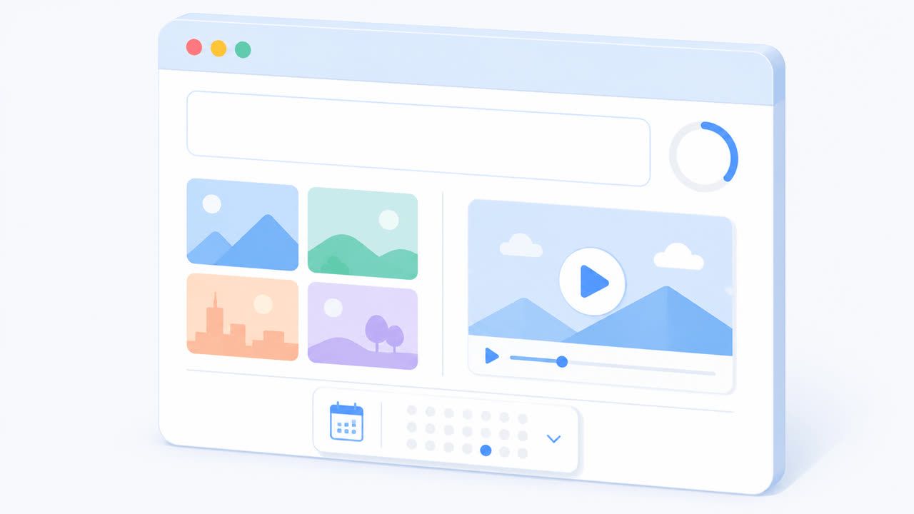 A browser composer with the 300-grapheme counter, four images or one video, and a date picker