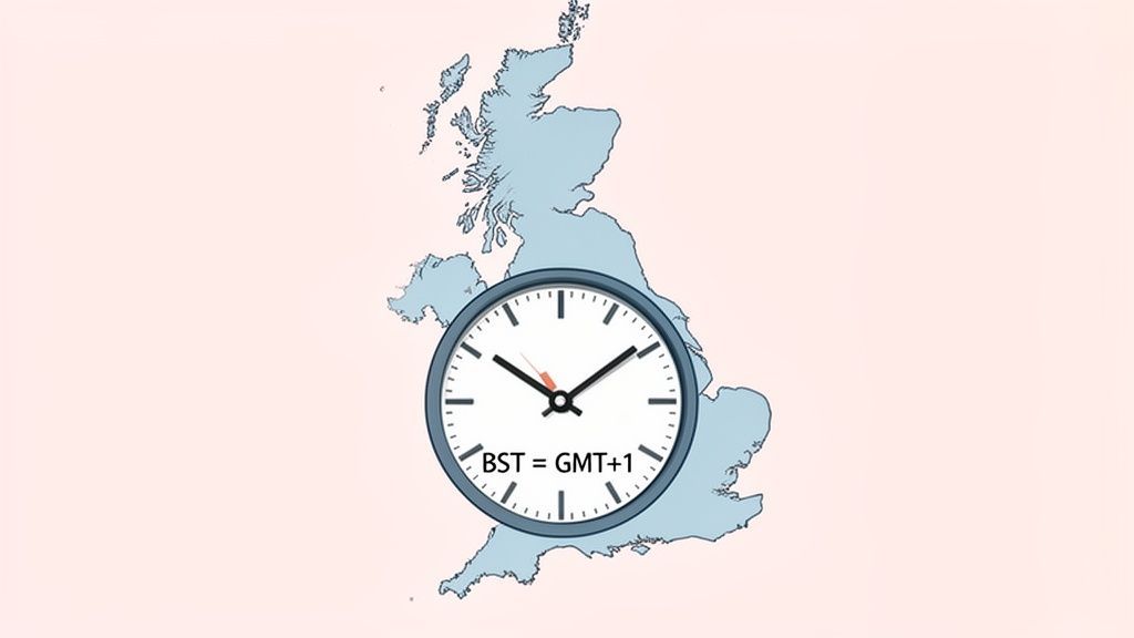 Map of the United Kingdom with a clock face showing 'BST = GMT+1', illustrating British Summer Time.