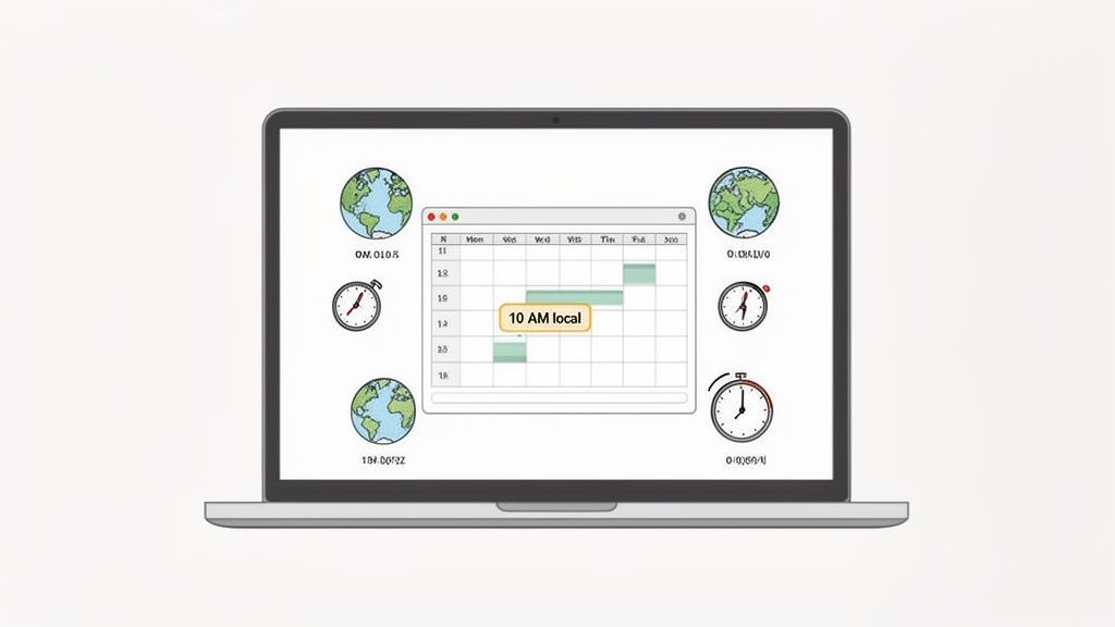 A laptop screen displays a meeting schedule highlighting '10 AM local,' surrounded by globes and clocks for different time zones.