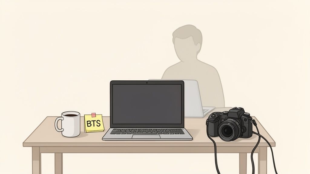 A desk with a laptop, camera, coffee mug, and a sticky note with 'BTS' written on it.