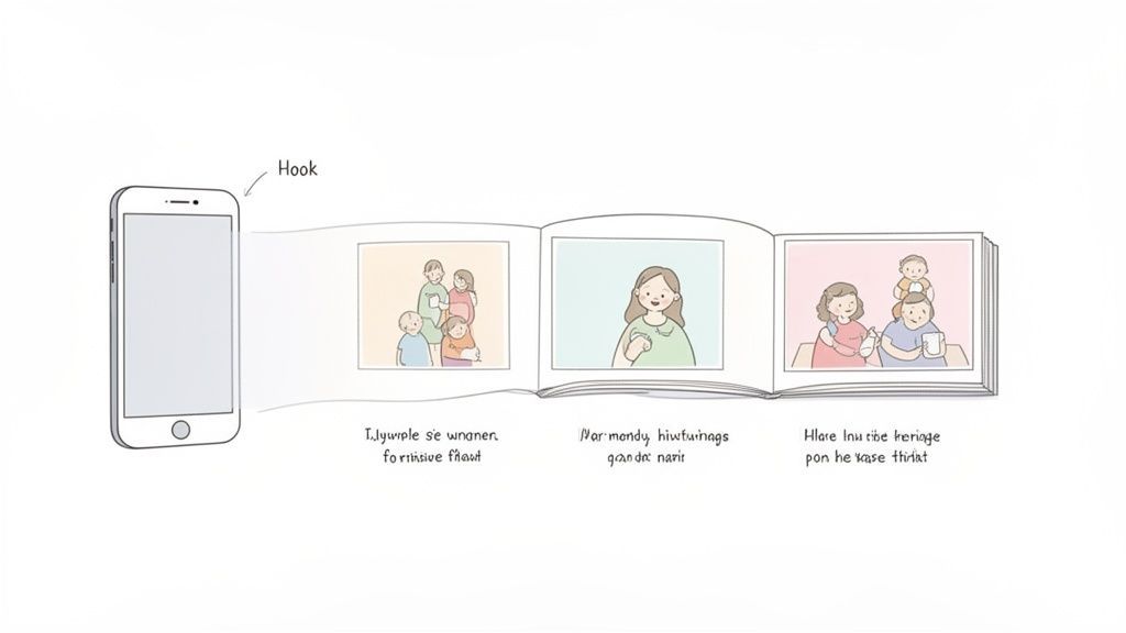 An iPhone connected by a dashed line to an open book displaying cartoon illustrations of families and text.