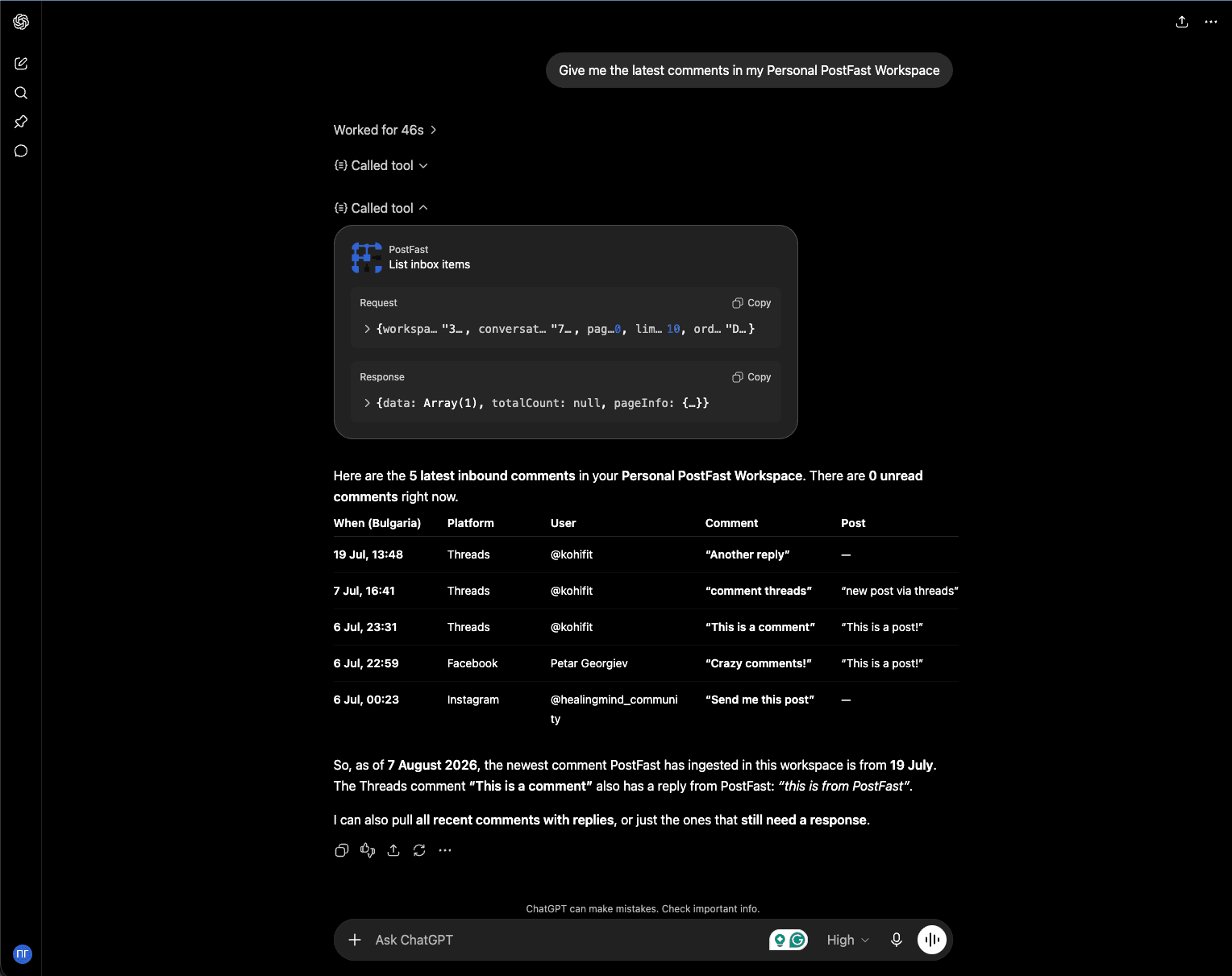 ChatGPT listing the latest comments through the PostFast connector, with the List inbox items tool call and its response visible