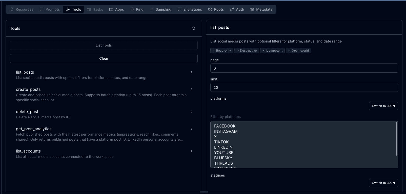 MCP Inspector browser UI showing PostFast tools with the list_posts schema expanded