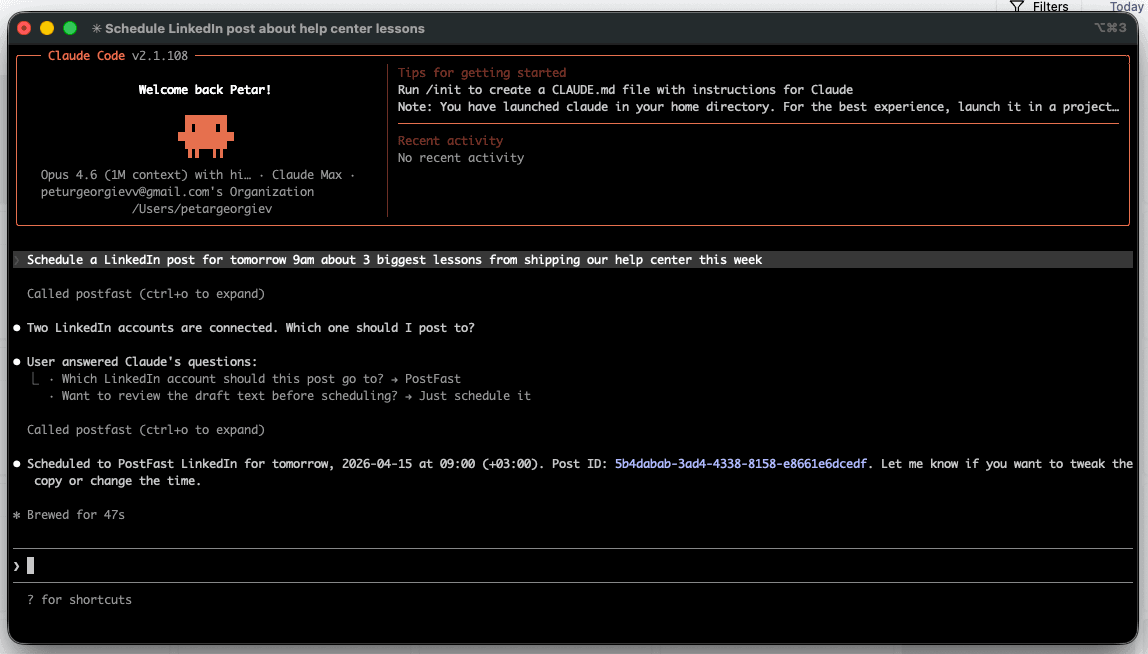 Claude Code CLI session scheduling a LinkedIn post for tomorrow using natural-language commands through the PostFast MCP server