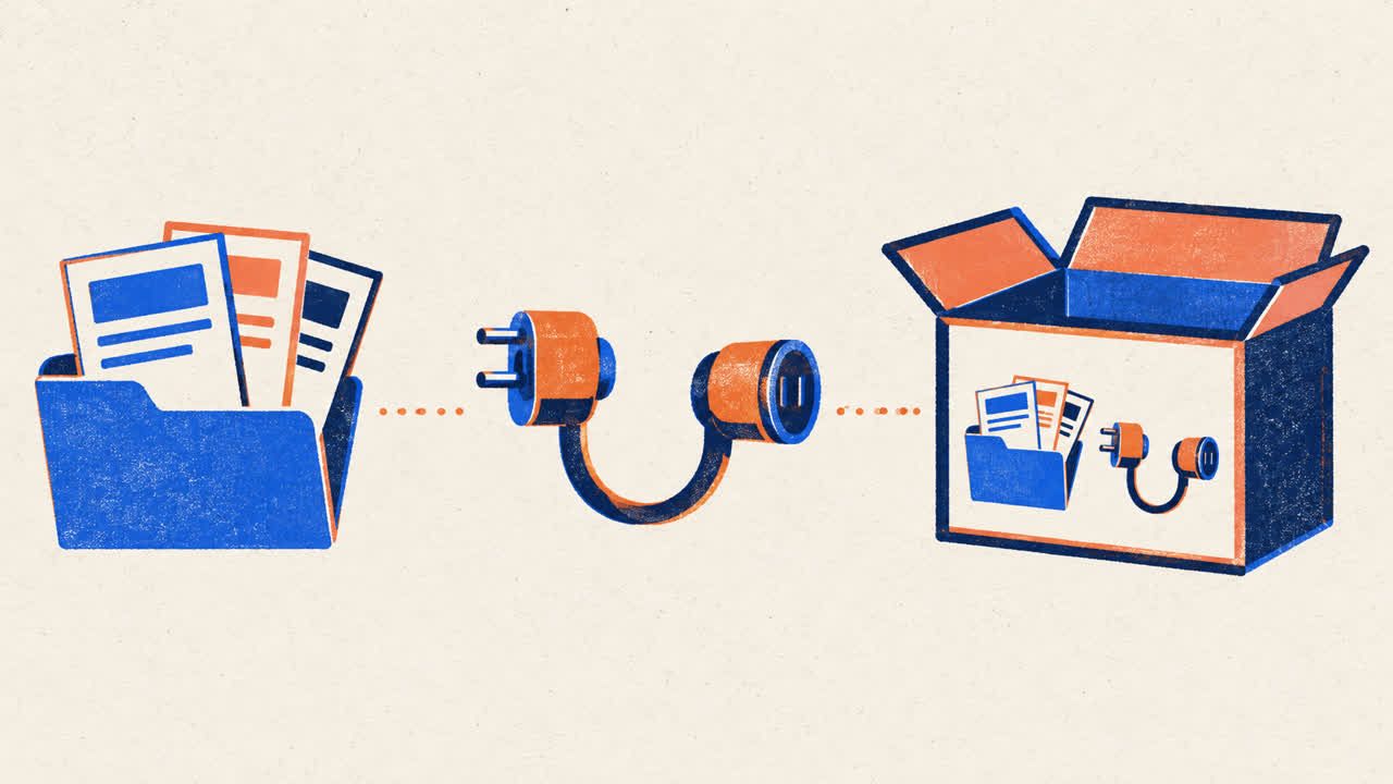 Skill, connector and plugin as three objects: a folder of instruction sheets, a plug, and a box that holds both