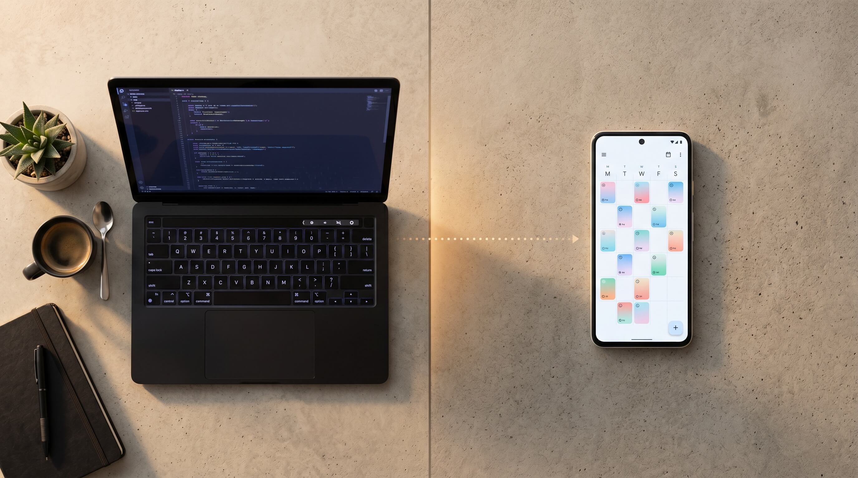 Flat-lay developer workspace showing a laptop with code and a smartphone displaying a social media scheduling calendar, representing Claude Code and PostFast working together