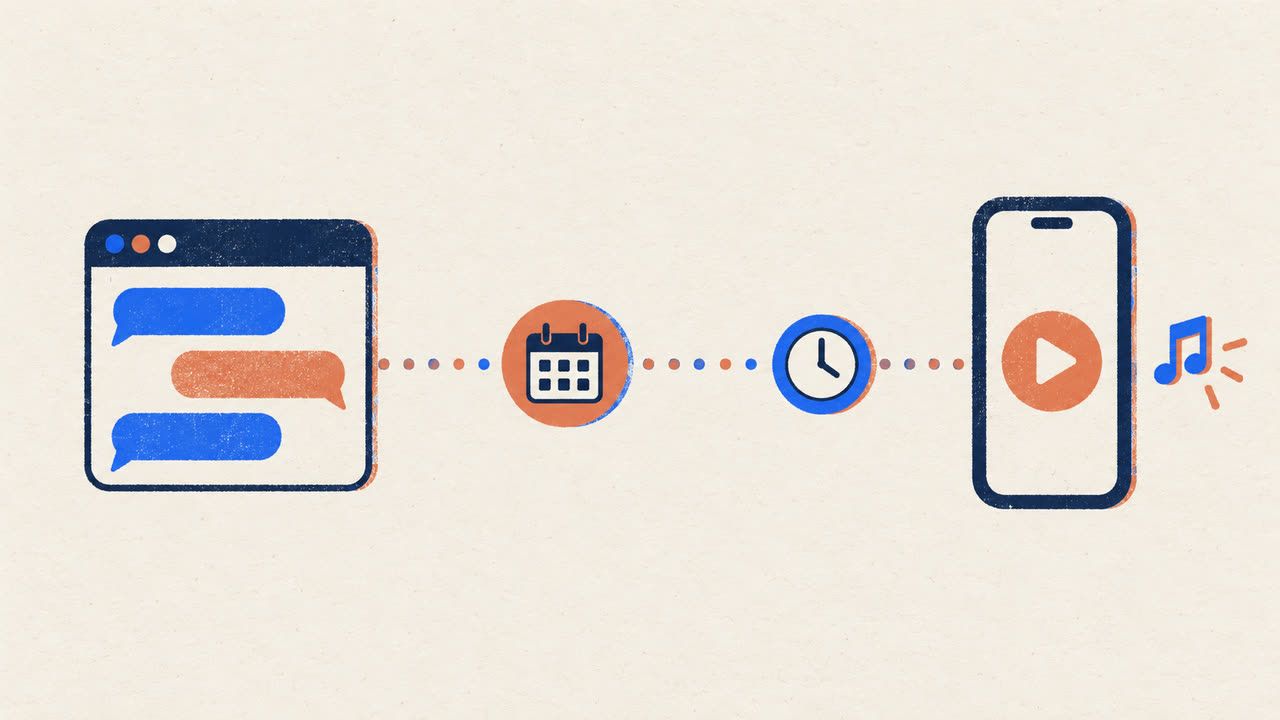 A chat window sends a scheduled video through a calendar relay and a clock to a phone showing a play button and a musical note