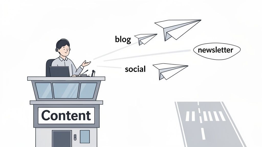 A person in a "Content" control tower manages the distribution of blog, social media, and newsletter content.
