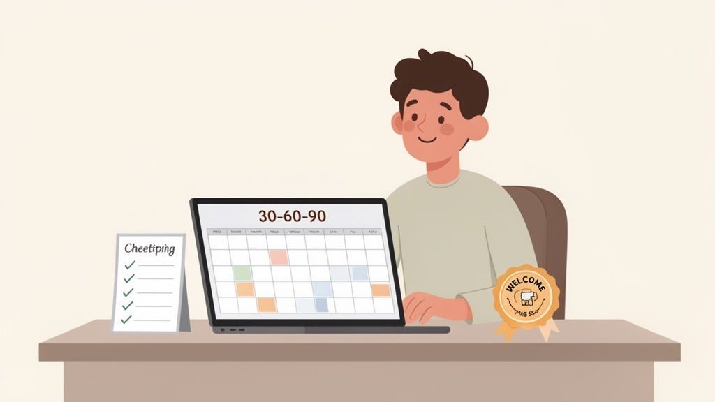 An illustration of a man working on a laptop displaying a '30-60-90' calendar, next to a checklist and a 'Welcome' badge.