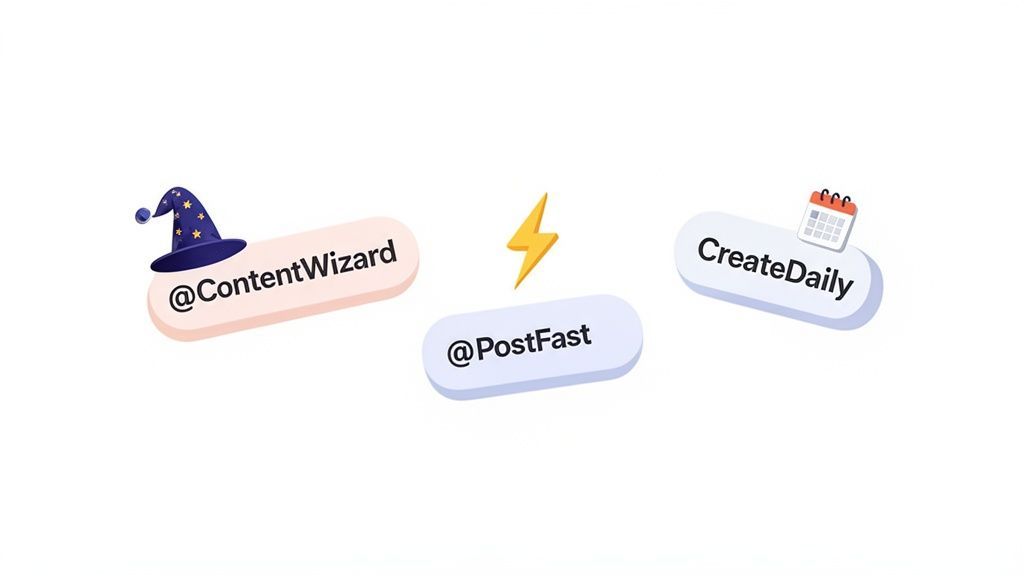 Three creative names for content creation: @ContentWizard, @PostFast, and CreateDaily with relevant icons.