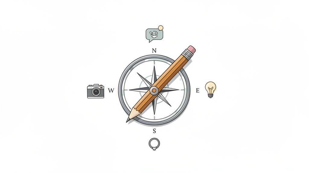 A creative compass with a pencil for a needle, surrounded by various icons.