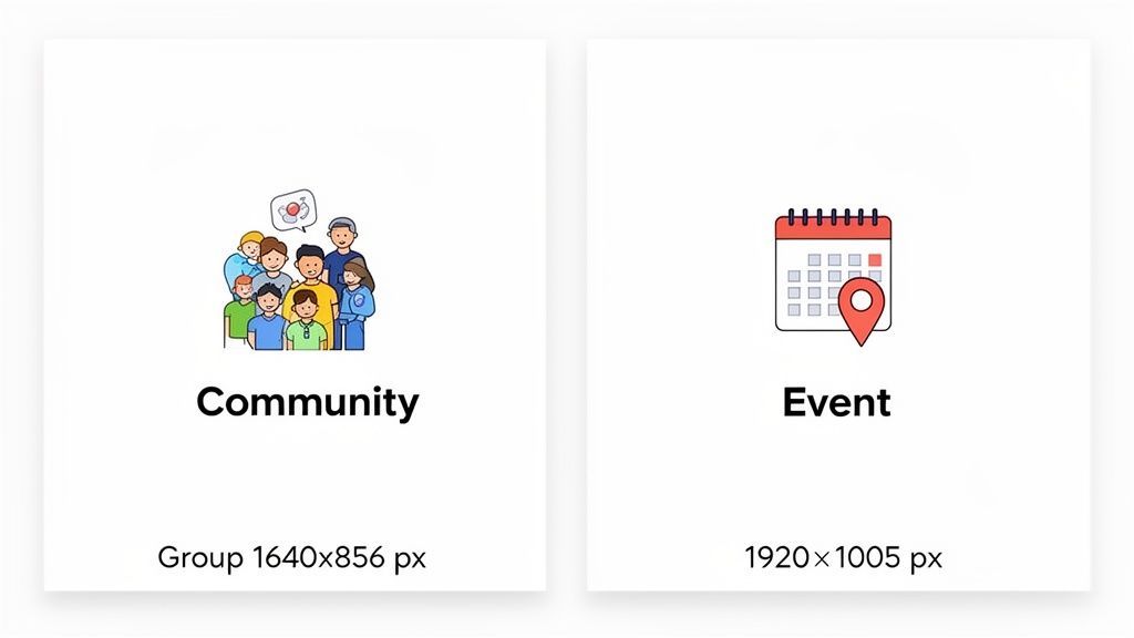 Two cards displaying icons: a diverse group for 'Community' and a calendar with a pin for 'Event'.