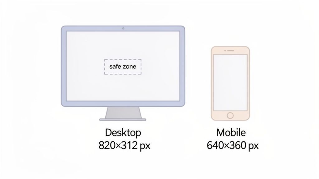 Desktop monitor and mobile phone displaying recommended pixel dimensions and a safe zone area.
