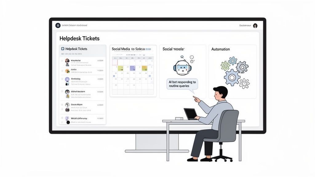 Man interacting with a helpdesk dashboard, featuring AI bot for routine queries and automation.