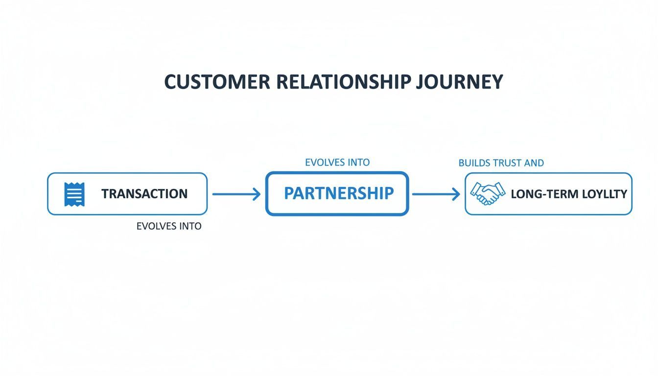 A flowchart titled 'Customer Relationship Journey' showing transaction evolving into partnership and building trust for long-term loyalty.