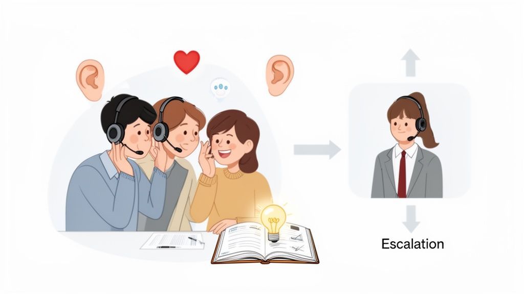 Illustration depicting customer service agents handling inquiries, finding solutions, and escalating complex issues to a supervisor.