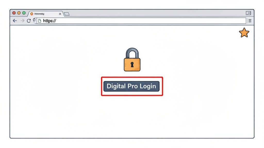 A web browser displays a secure page with a padlock icon and a 'Digital Pro Login' button highlighted.