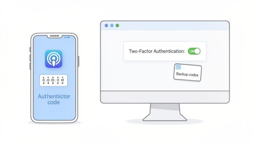 A smartphone shows an authenticator code, while a computer screen displays Two-Factor Authentication enabled and backup codes.